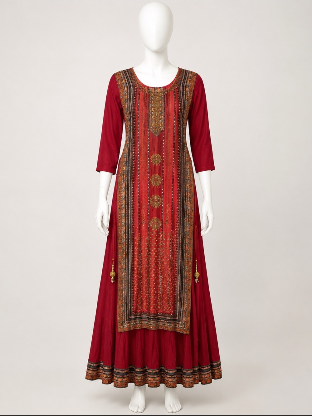 Red Embroidered Maxi Dress with Ethnic Print